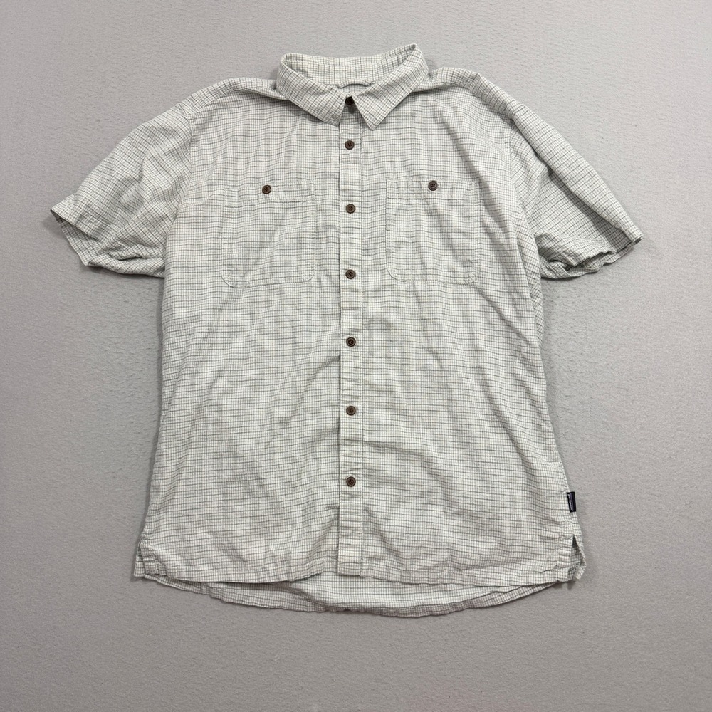 Patagonia Back Step Shirt Mens Large Gray Plaid Short Sleeve Hemp Organic Cotton